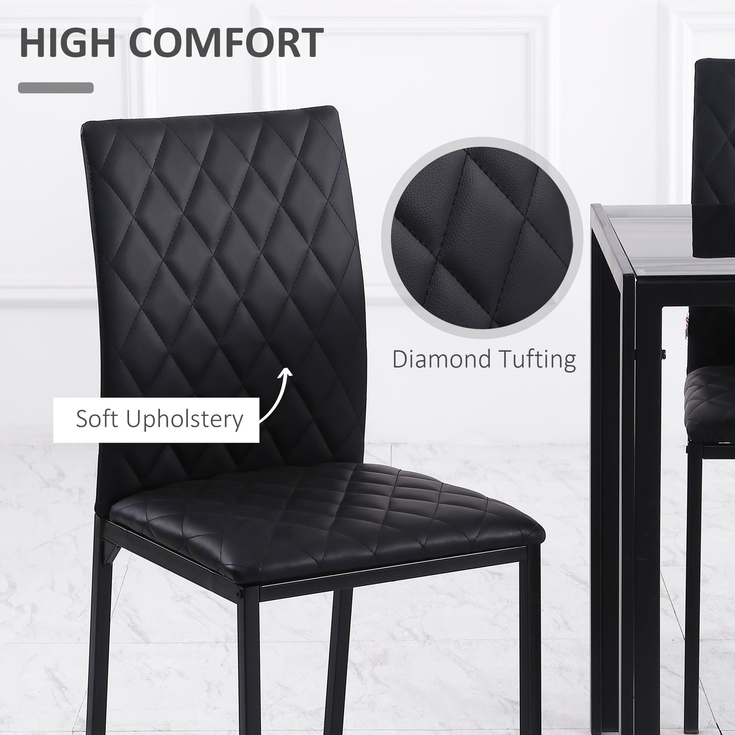 Set of 6 Modern Dining Chairs, Tufted High Back Side Chairs with Upholstered Seat, Steel Legs for Living Room, Black