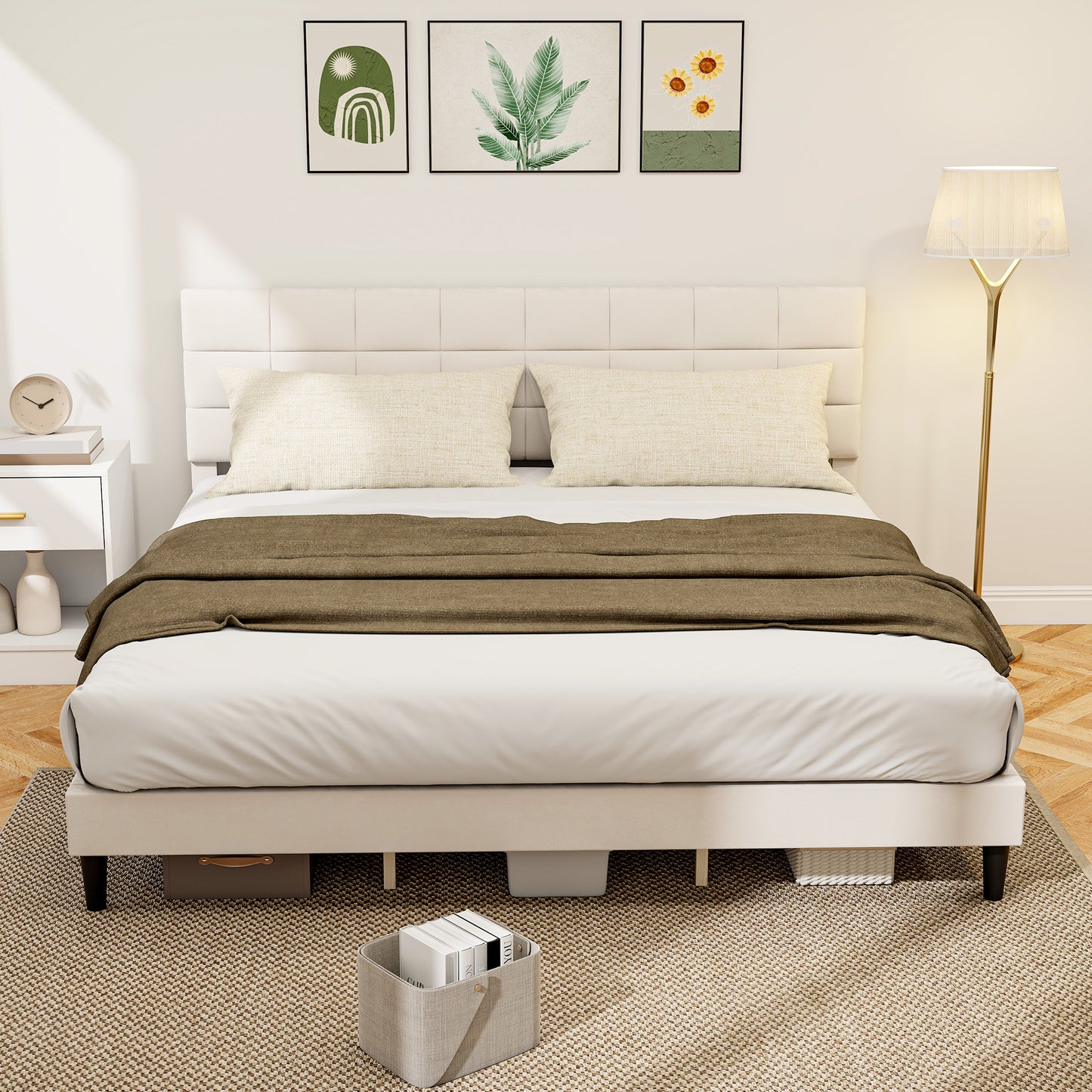 King Size Bed Frame with Upholstered Headboard, Modern Platform Bed Frame with Wood Slats, 1100 lbs Capacity, Cream