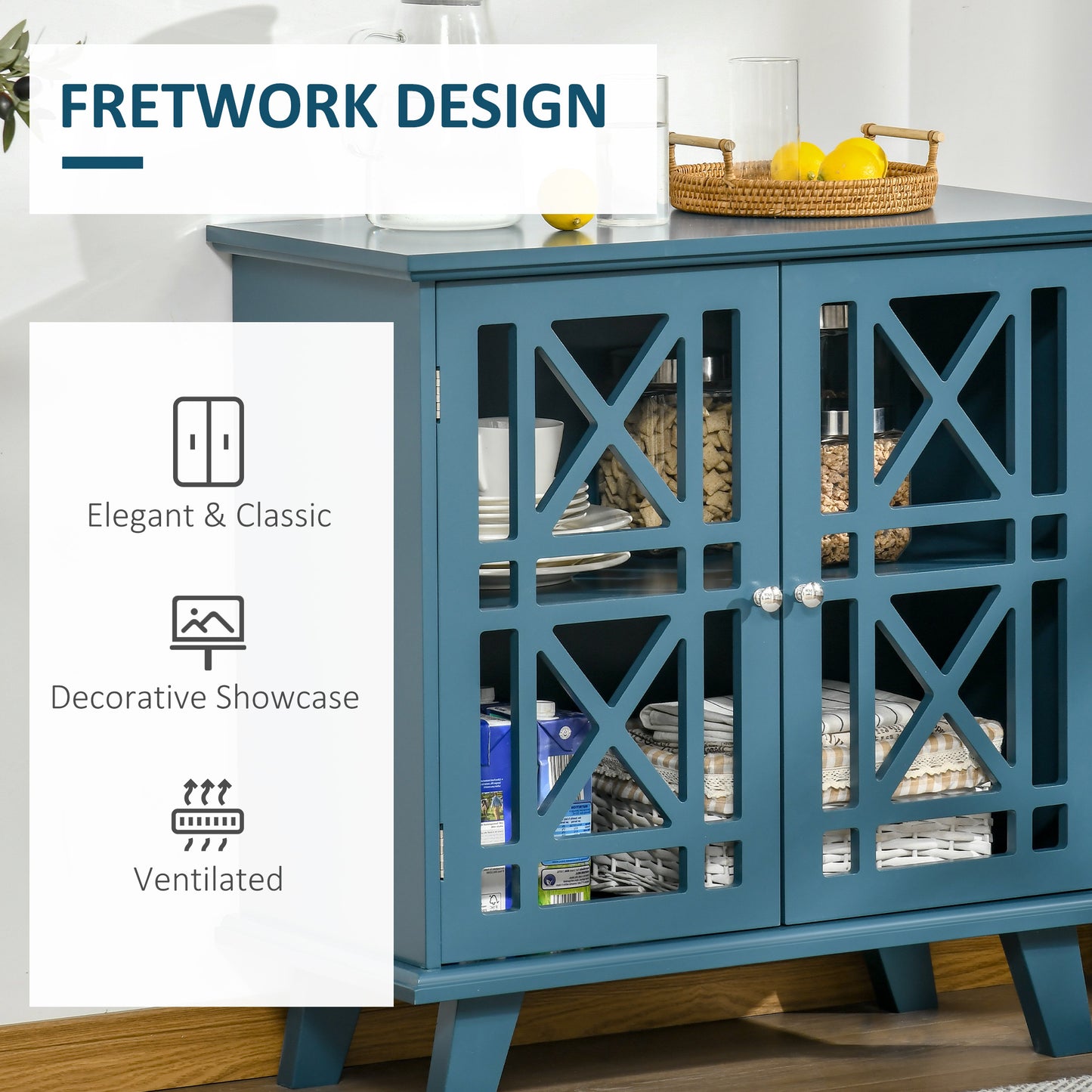 Storage Cabinet with Fretwork Doors and Shelf, Modern Freestanding Sideboard, Buffet, Blue