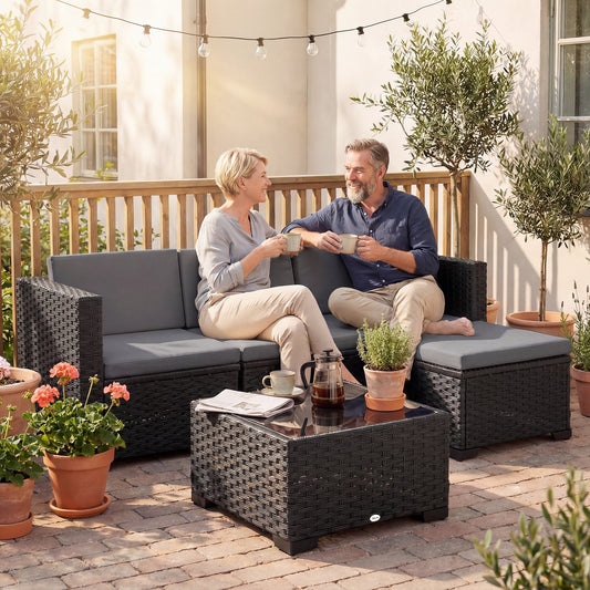 5 Piece Patio Furniture Set, L-Shape Wicker Outdoor Sectional with 3 Chairs, Ottoman, Glass Table, Cushions, Grey - Grey