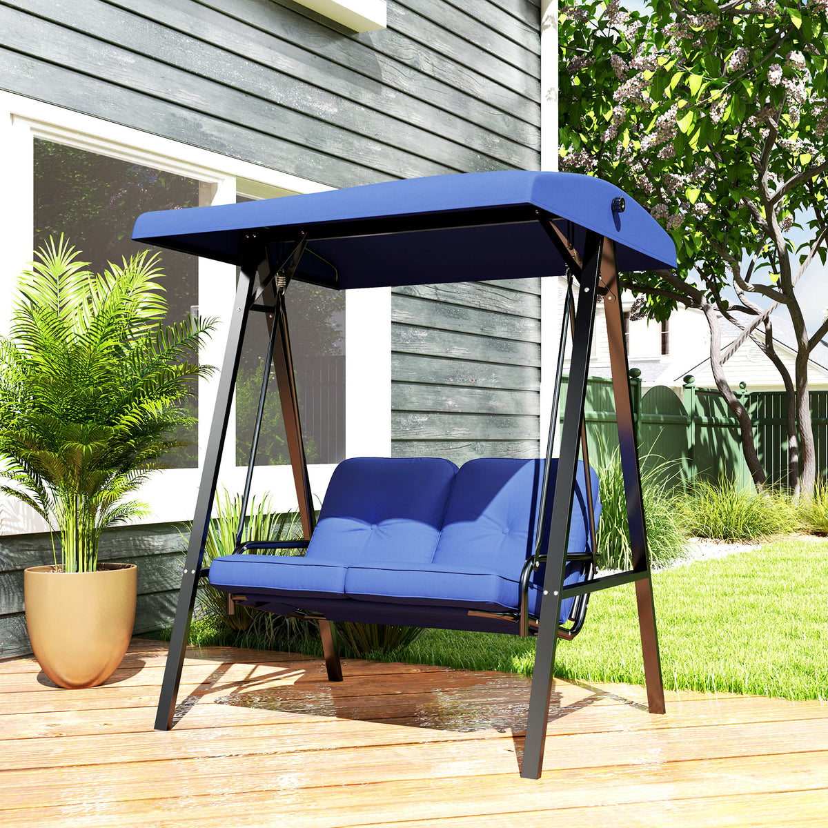 2-Seater Outdoor Porch Swing with Adjustable Canopy, Patio Swing Chair for Garden, Poolside, Backyard, Dark Blue