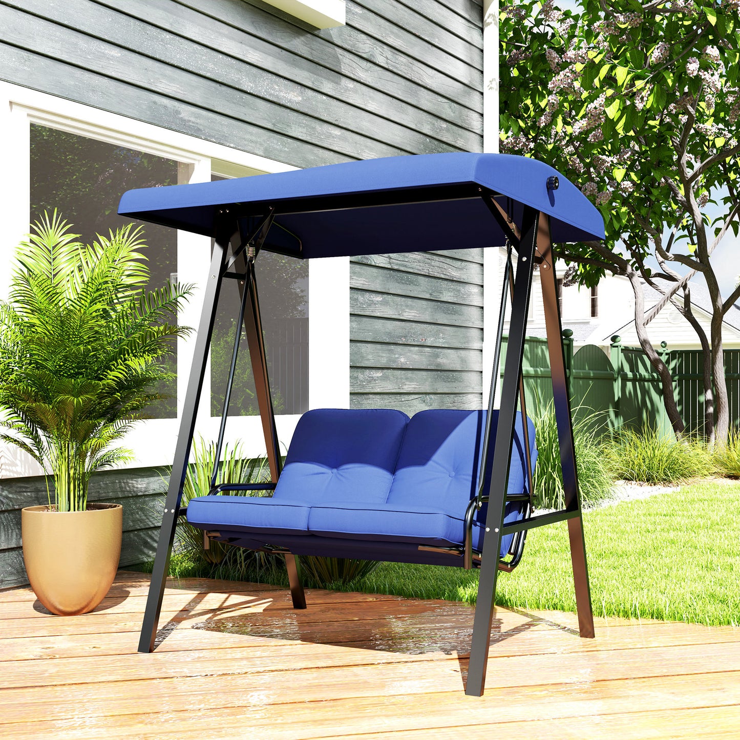 2-Seater Outdoor Porch Swing with Adjustable Canopy, Patio Swing Chair for Garden, Poolside, Backyard, Dark Blue - Dark Blue
