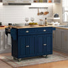Kitchen Island with Storage, Rolling Kitchen Island with Drop Leaf, Rubber Wood Top and Adjustable Shelves, Navy Blue