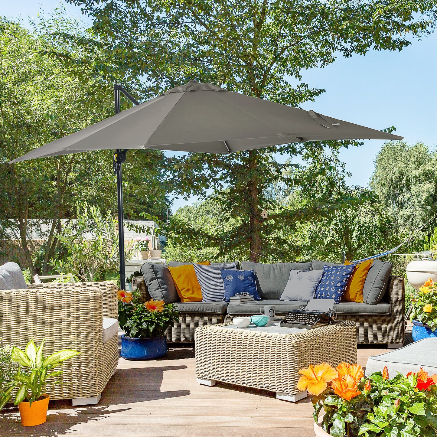 8' x 8' Square Patio Hanging Offset Umbrella with 360° Rotation, Aluminum Outdoor Cantilever Market Parasol, Light Grey