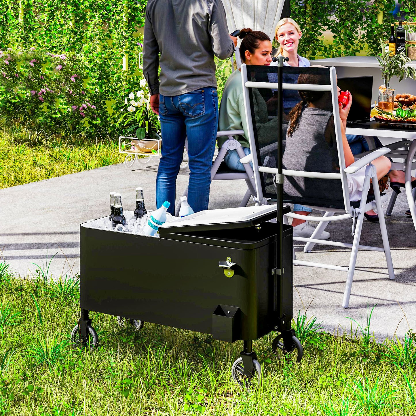 Black 80-Qt Rolling Ice Chest Cooler Cart with Bottle Opener