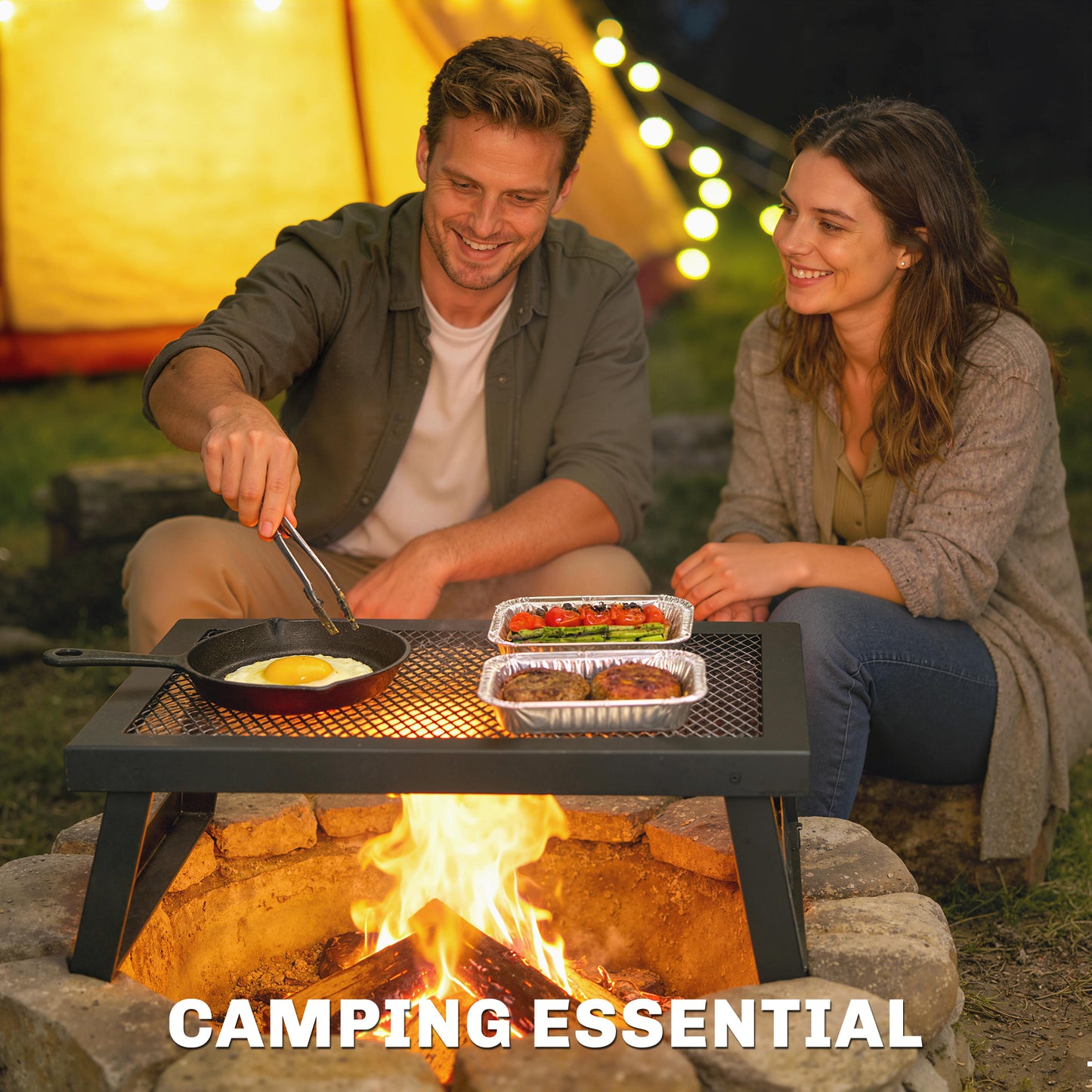 Folding Campfire Grill, 36" x 18" Heavy Duty Carbon Steel Grill Grate with Folding Legs, Black