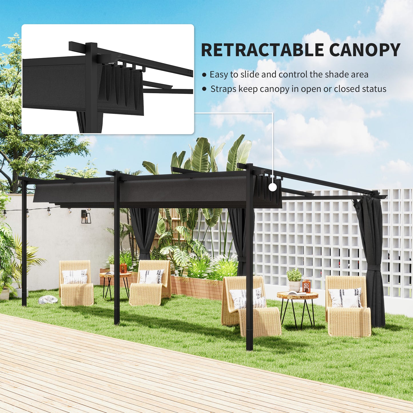 Metal Retractable Pergola Canopy with Sidewalls, Outdoor Gazebo UPF30+ Sun Shade Shelter for Garden, Deck