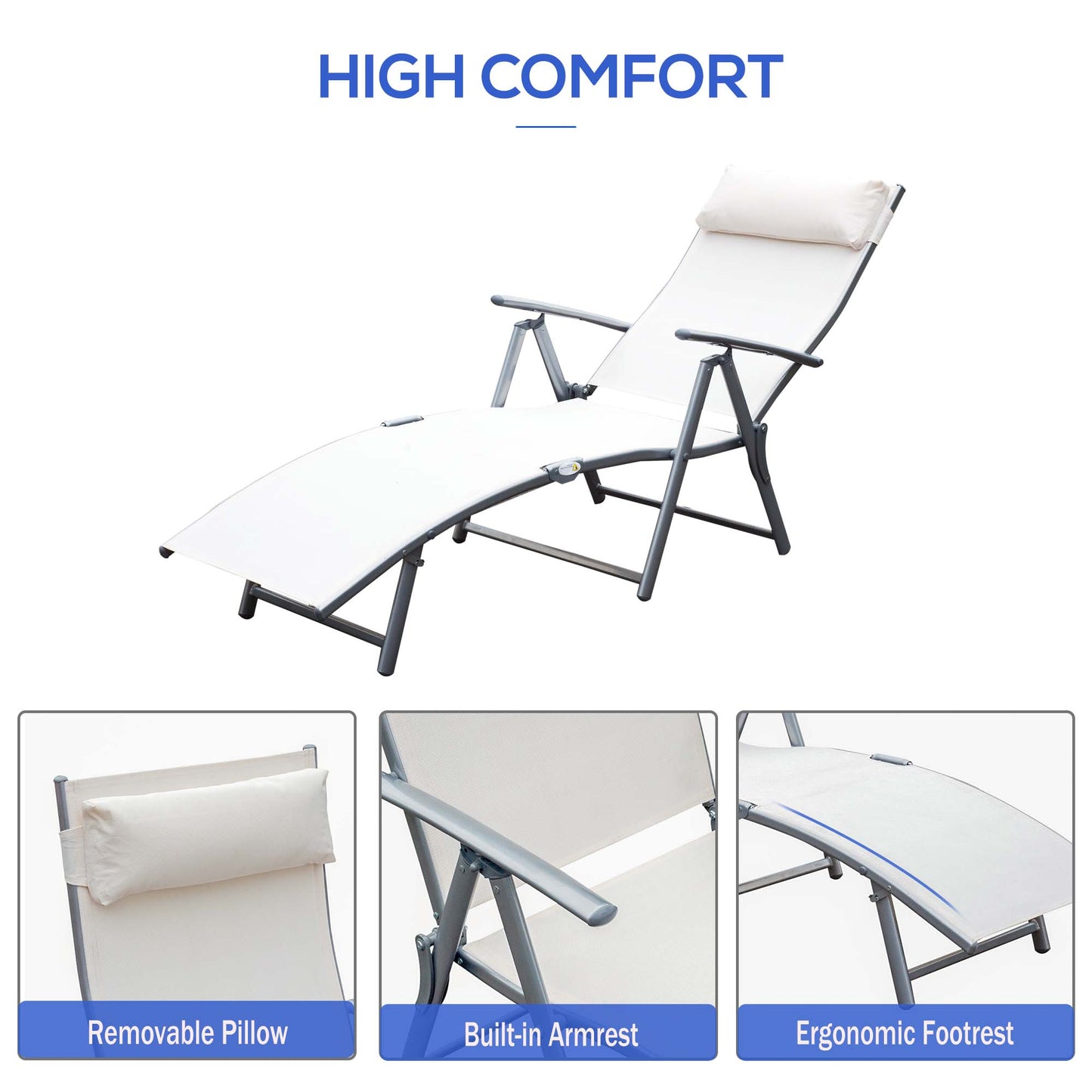 Outdoor Folding Chaise Lounge Chair Steel Portable Recliner with 7 Adjustable Backrest Positions, Red