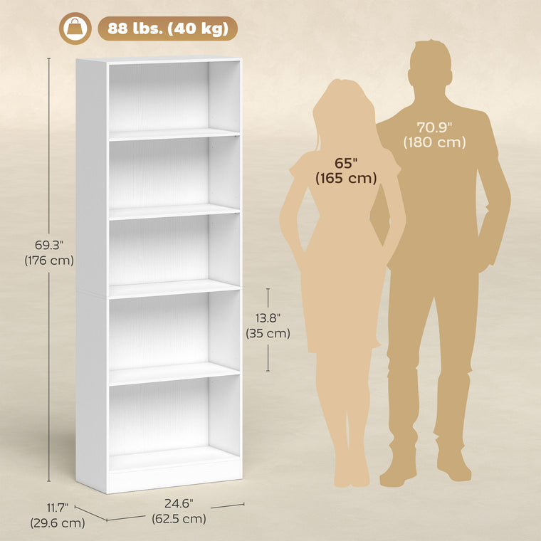 5-Tier Bookcase with Adjustable Shelves - White