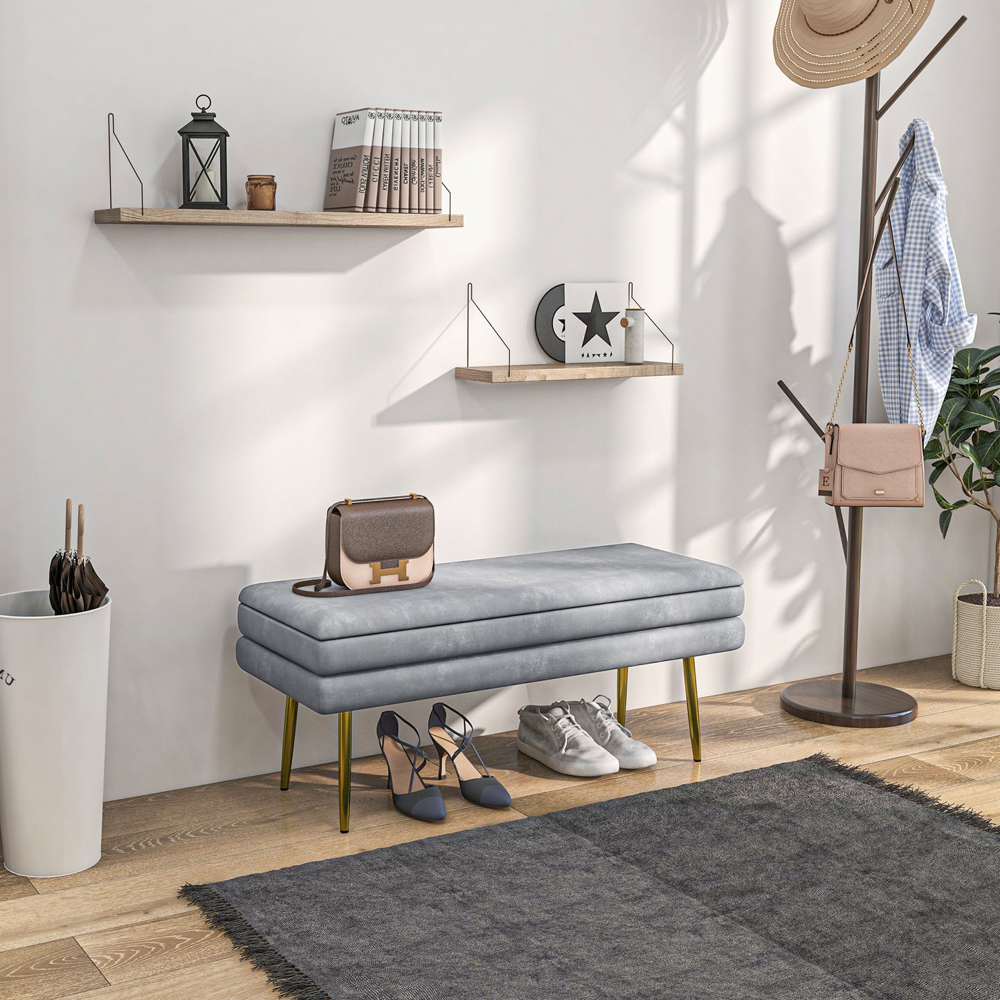 39" Storage Ottoman, Velvet End of Bed Bench with Steel Legs, Foot Stool with Storage for Bedroom, Living Room
