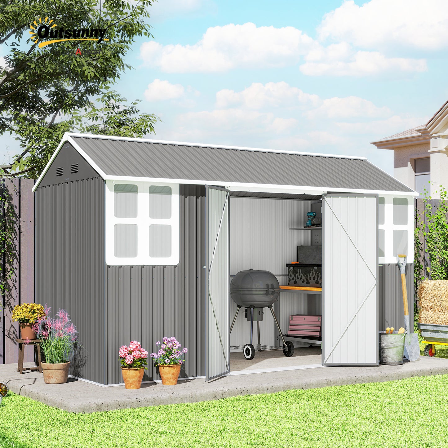 Metal Garden Storage Shed, Outdoor Tool Storage House with Lockable Door, Vents, Sloped Roof, Light Grey
