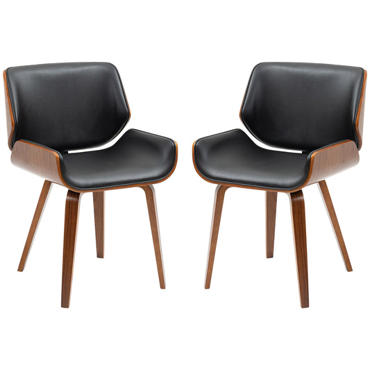 Set of 2 PU Leather Dining Chairs with Wood Legs - Black