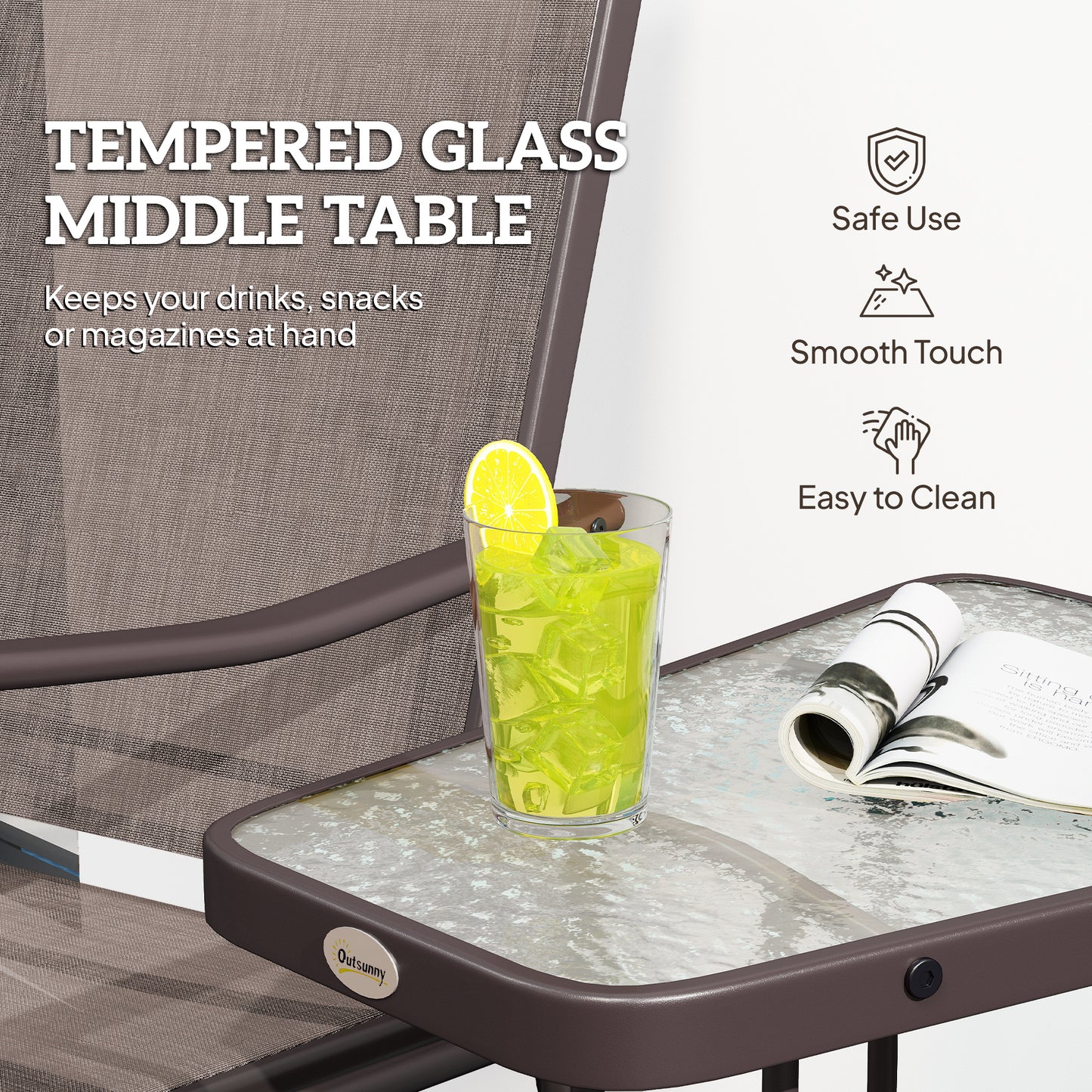 Double Patio Glider Chair with Glass Top Center Table, Outdoor Glider Loveseat with High Back, All Weather Breathable Mesh Fabric for Garden, Backyard, Deck, Brown