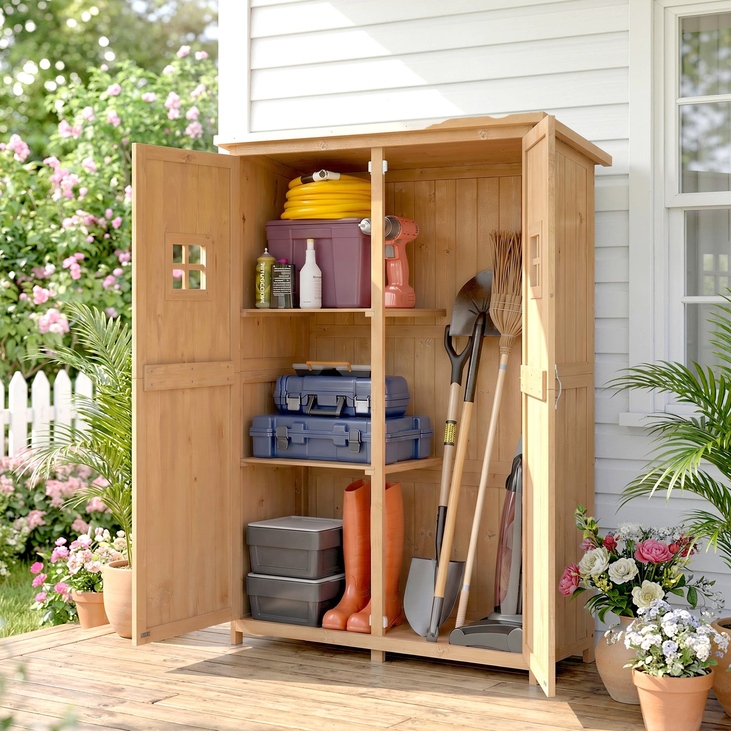 4x1.5ft Wooden Garden Storage Shed, Outdoor Tool Cabinet Organizer with Windows and Double Door, Nature Wood