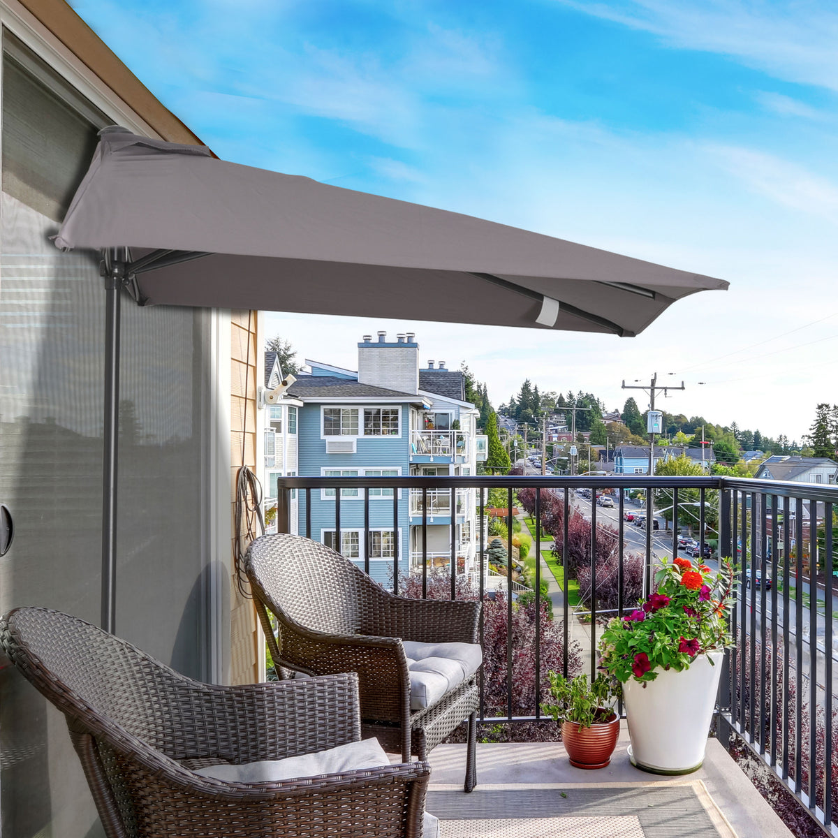 8ft Half Round Umbrella Outdoor Balcony Parasol Patio Garden Outdoor Window Sun Shade w/ 5 Ribs
