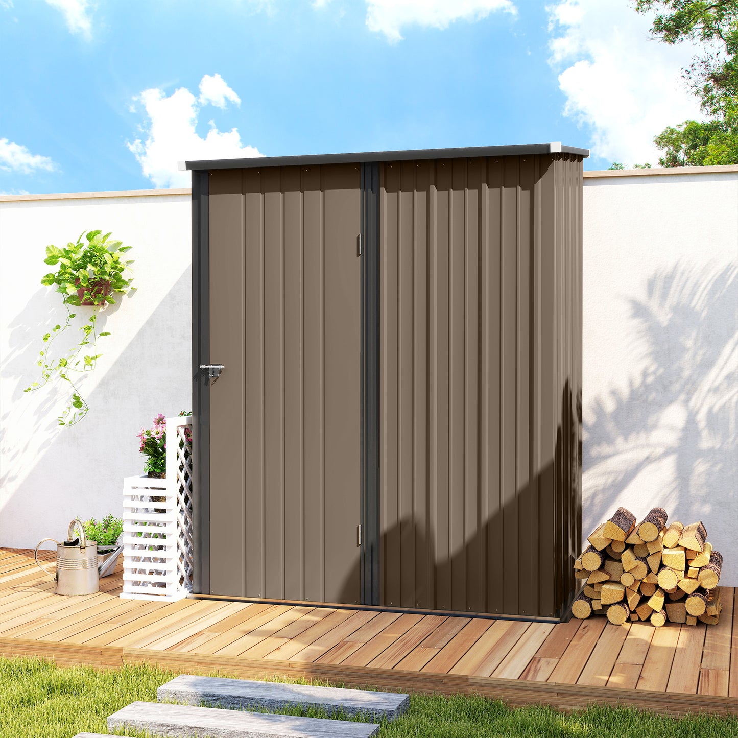 5' x 3' Outdoor Storage Shed, Steel Garden Shed with Single Lockable Door, Tool Storage Shed for Backyard, Brown