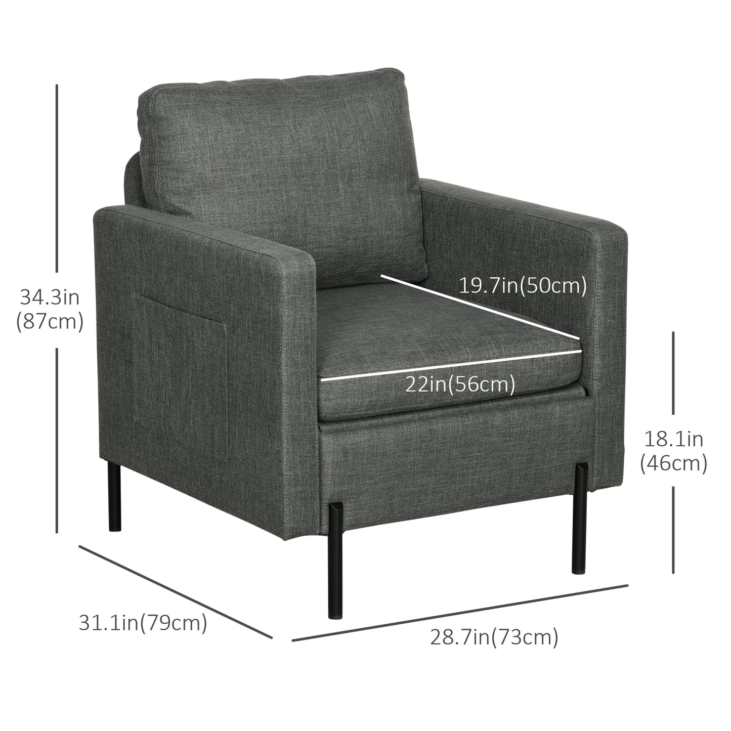 Armchair, Fabric Accent Chair, Modern Living Room Chair with Metal Legs, 2 Side Pockets for Bedroom, Grey