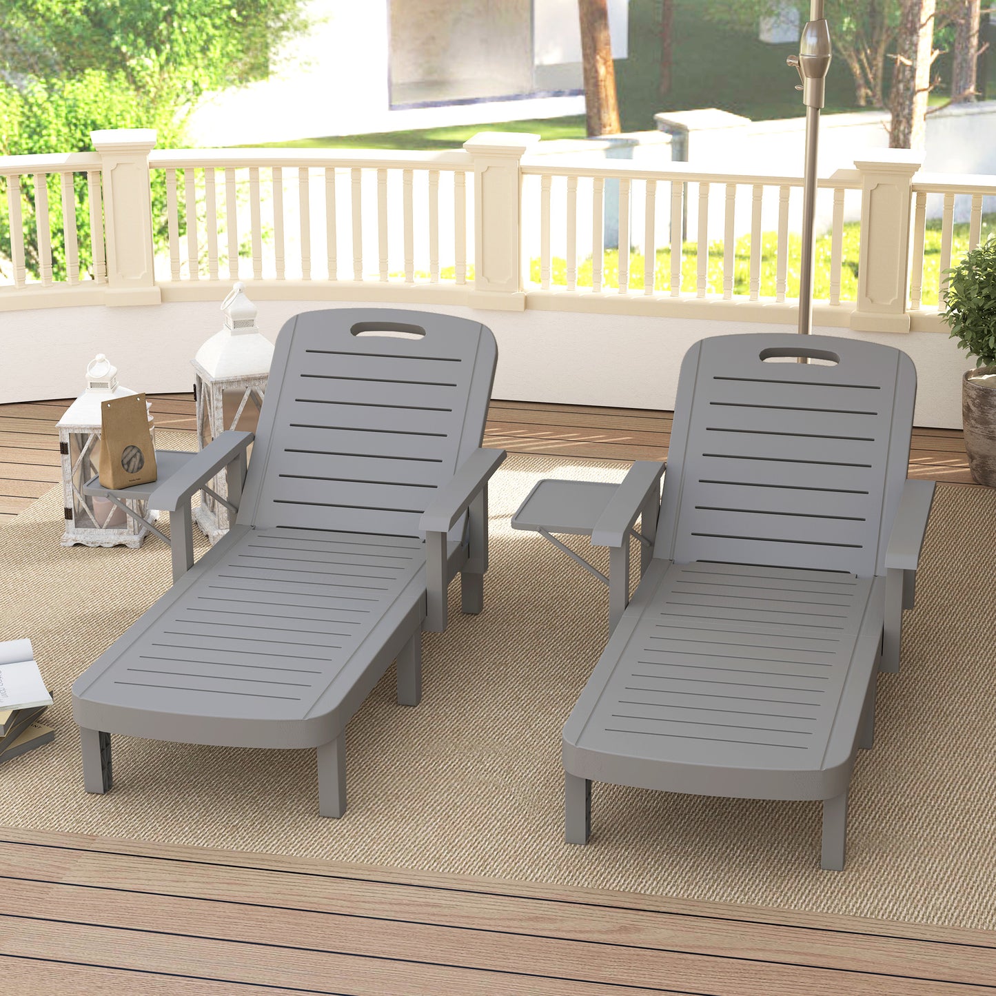 Set of 2 Tanning Chair, 5 Positions Adjustable Outdoor Lounge Chairs with Foldable Side Table, Dark Grey