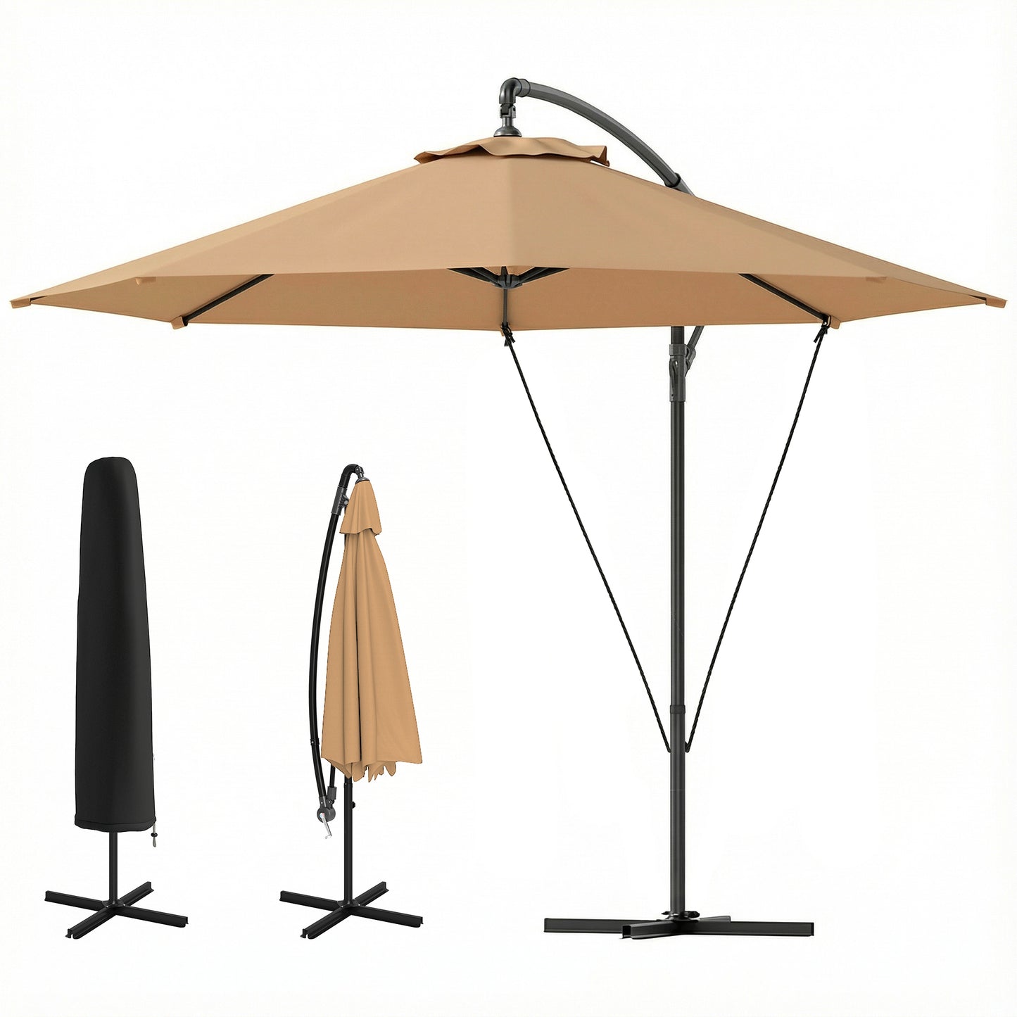 9.5' Khaki Cantilever Umbrella with Wind Protection Strap