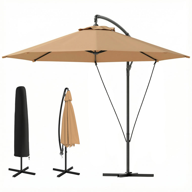 9.5' Khaki Cantilever Umbrella with Wind Protection Strap