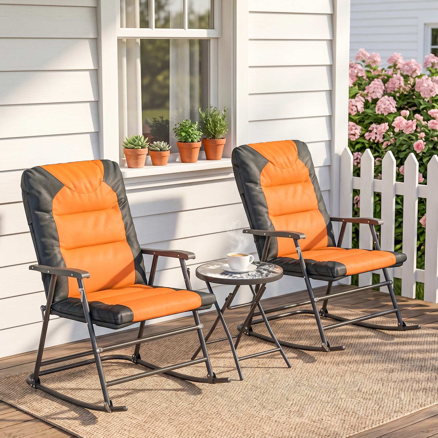 3-Piece Outdoor Foldable Rocking Chair Set, Orange - Orange