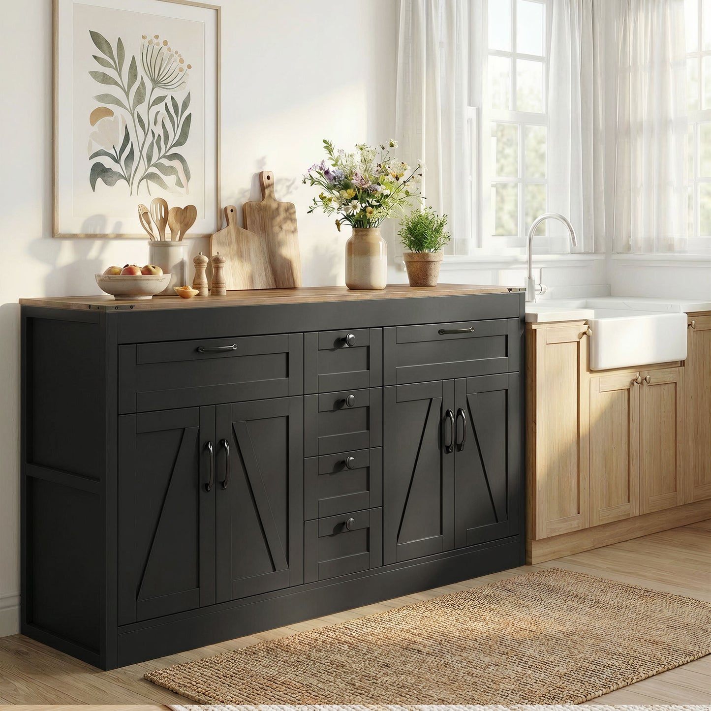 Sideboard Buffet Cabinet, 55" Farmhouse Kitchen Cabinet with 4 Barn Doors, 6 Drawers and 2 Adjustable Shelves, Black