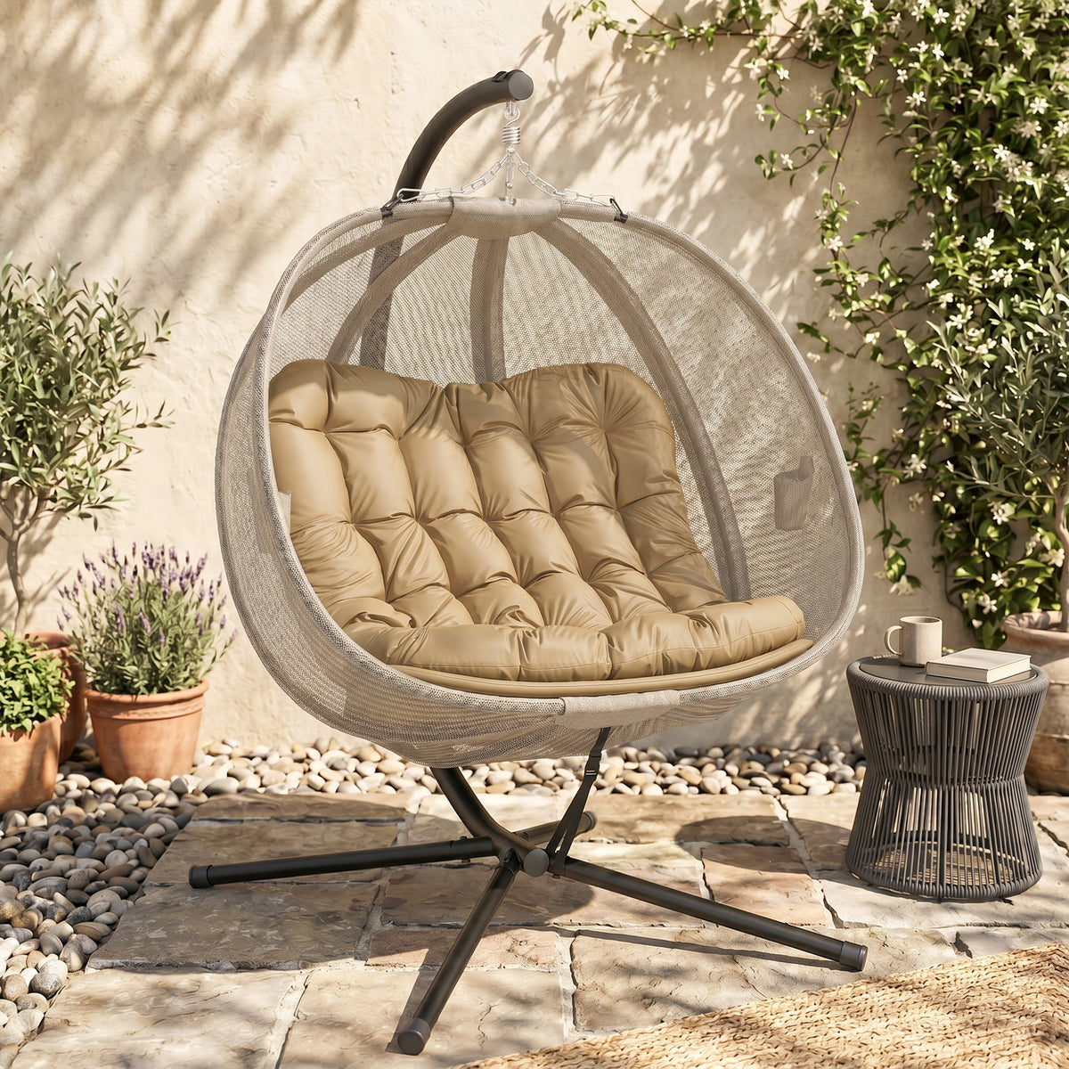 Double Egg Chair with Stand, 2 Person Hanging Swing Egg Chair with Cushion, Pockets, Khaki