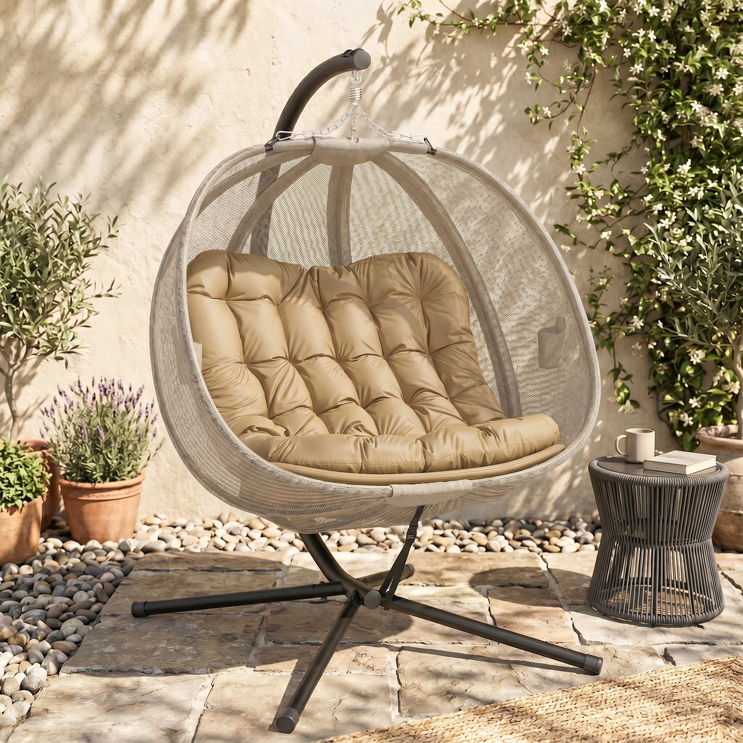 Double Egg Chair with Stand, 2 Person Hanging Swing Egg Chair with Cushion, Pockets, Khaki