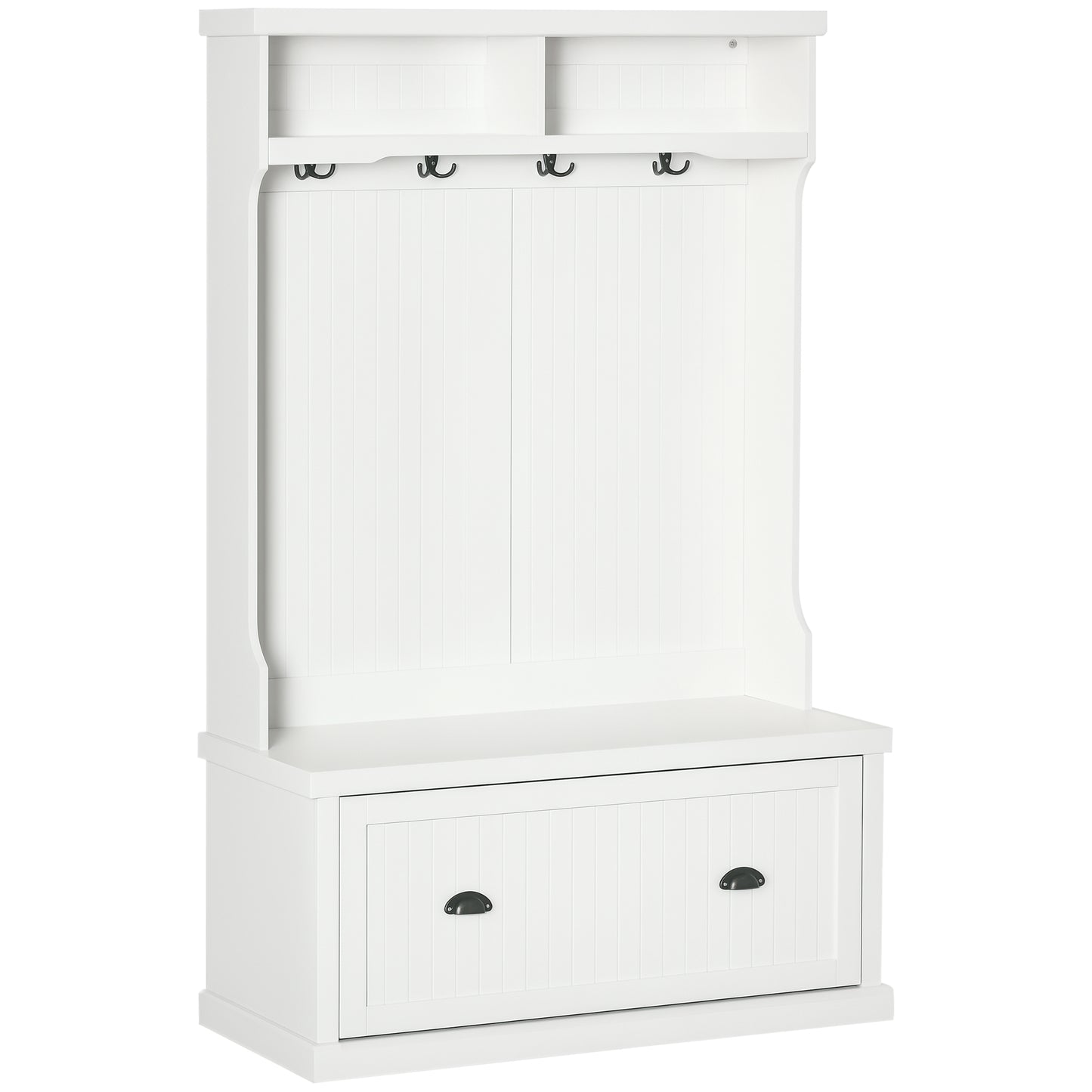 64.5" H Hall Tree with Storage Drawer & Top Shelf, Coat Rack Wooden Entryway Storage Bench Hall Tree Hallway Clothes Bag Coat Rack 4 Hooks, White