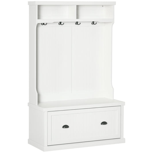 64.5" Hall Tree with Storage Drawer and 4 Hooks - White