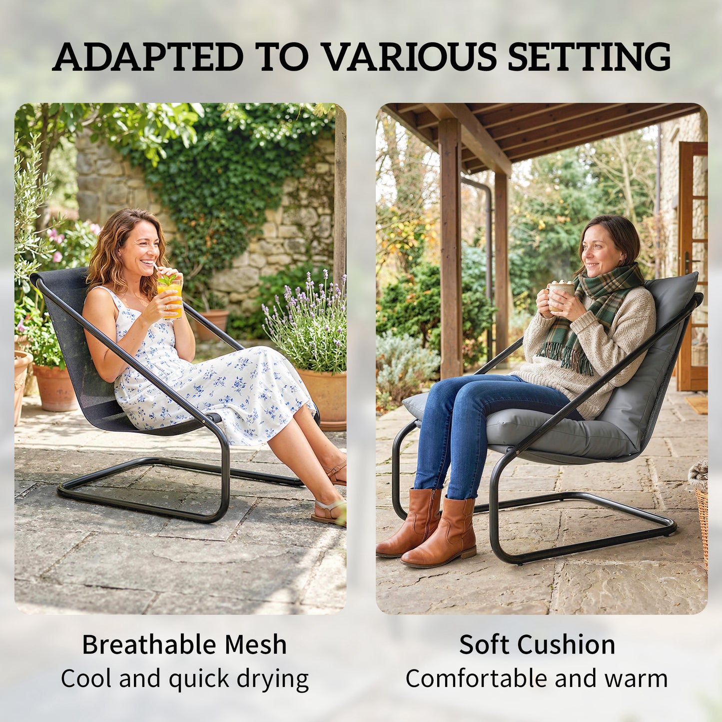 Outdoor Bistro Set, 3 Piece Patio Furniture Set with 2 C Spring Chairs and Round Table for Balcony, Light Grey