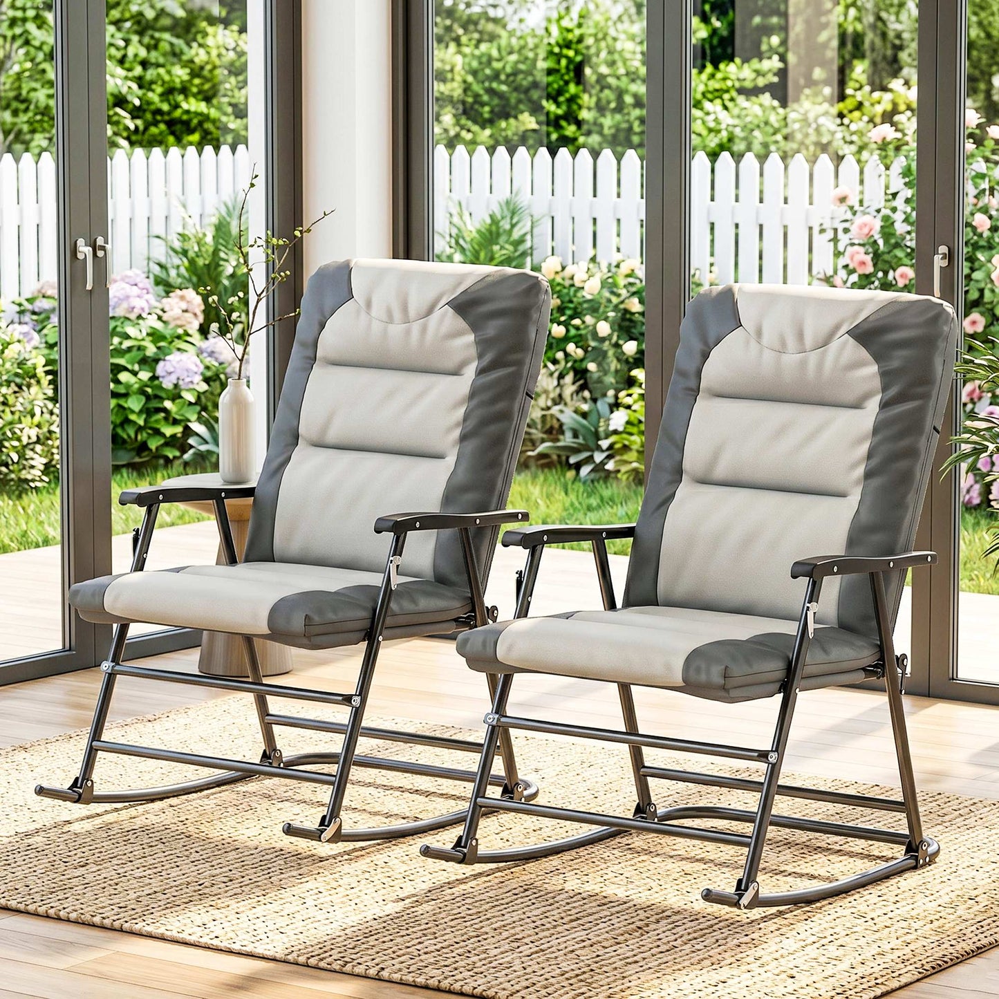Folding Rocking Chair Set of 2 Padded Rockers with Armrest, Light Grey