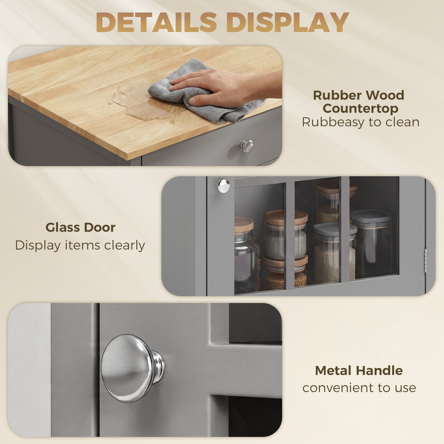 Rolling Kitchen Cart with Drawer and Glass Door Cabinet, Kitchen Island on Wheels with Towel Rack, Dark Grey