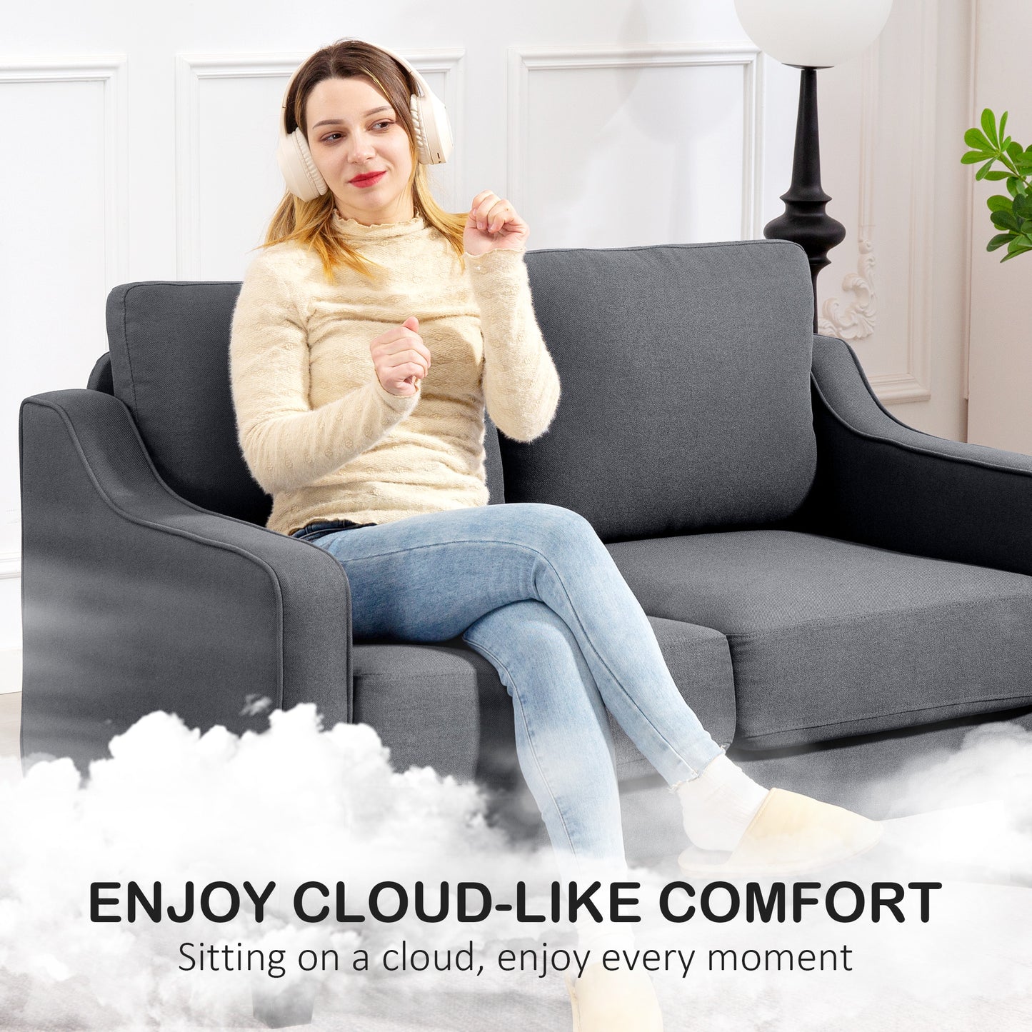 Loveseat Sofa, Modern Couch with Pocket Spring, Linen Upholstered, Thick Padded, Charcoal Grey