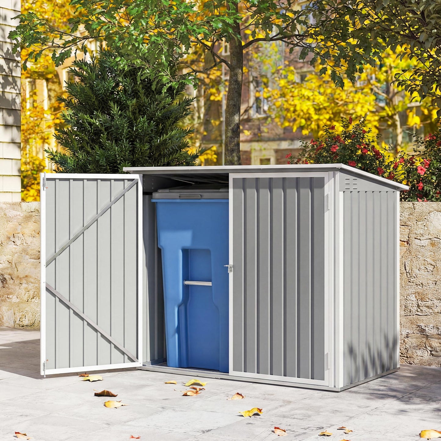 Outdoor Metal Storage Shed Garden Garbage Can Organizer with Double Door and Vents for 2 Trash Cans, Light Grey