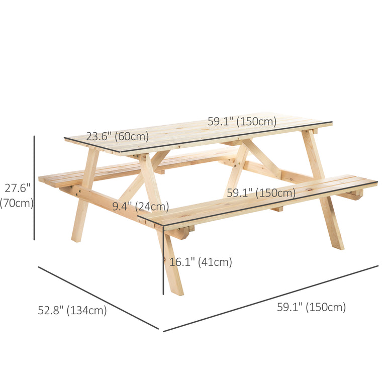 Wood Picnic Table and Bench Set with Umbrella Hole - Natural