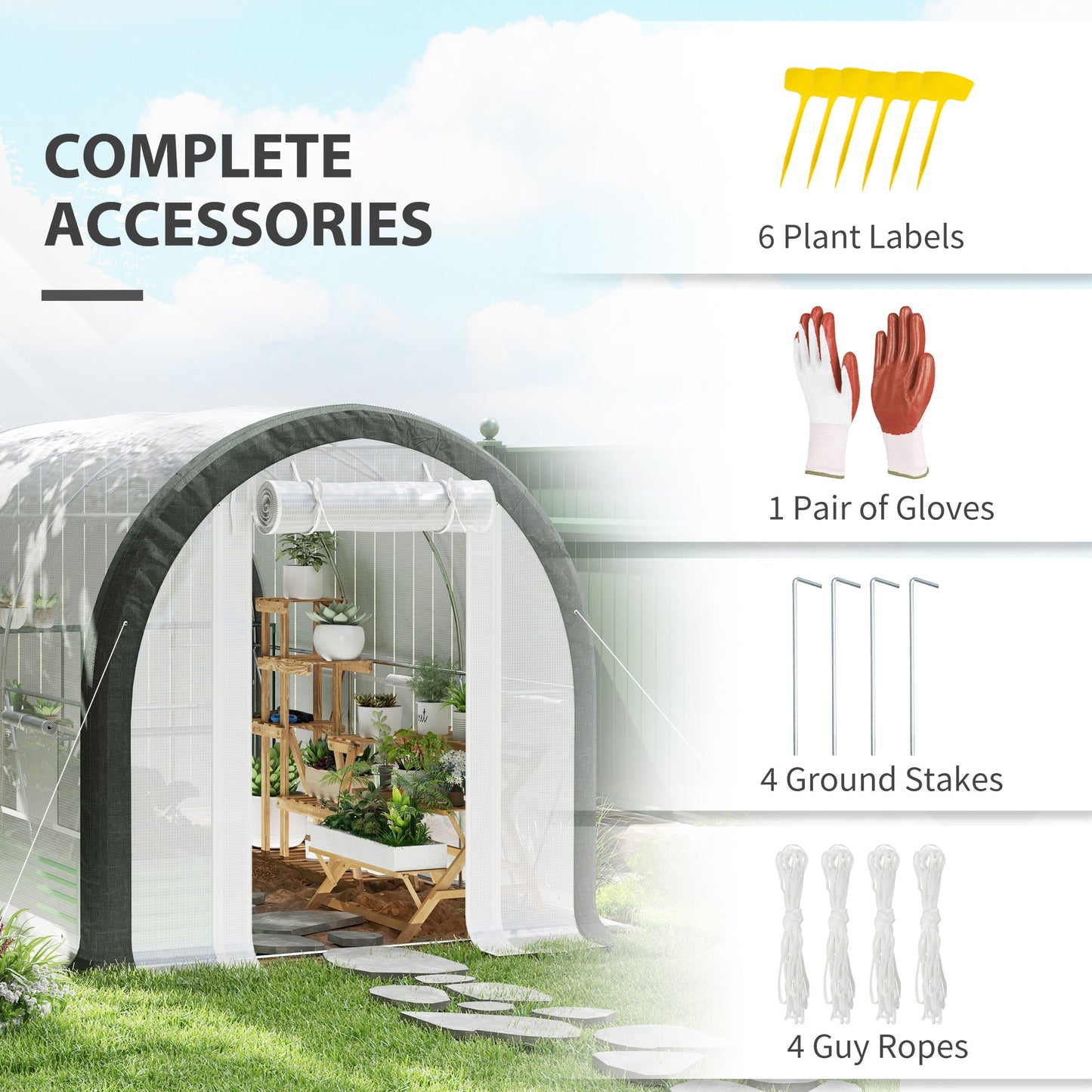 Upgraded Tunnel Greenhouse Green House with Mesh Door and Windows, 6 Plant Labels and Gloves, White