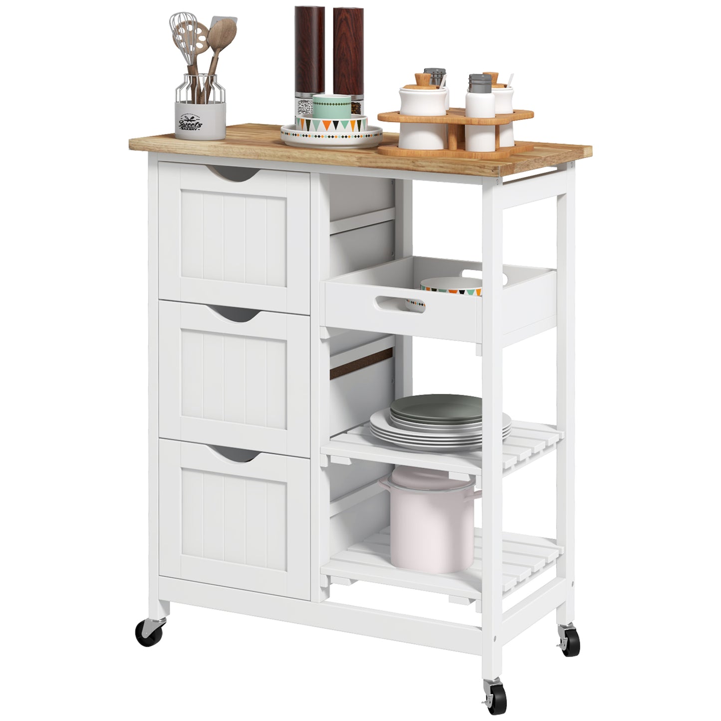 Kitchen Cart on Wheels, Rolling Kitchen Island Cart with Wood Top, 3 Drawers and Shelves for Home Dining Area