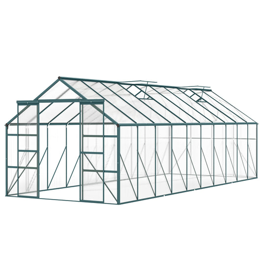 Aluminum Greenhouse Polycarbonate Walk-in Garden Greenhouse Kit with Rain Gutter and Sliding Door, 20' x 8', Green