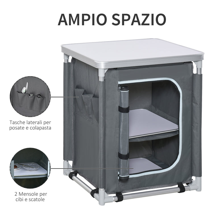 Grey Aluminum Camping Kitchen Station with 2-Shelf Cupboard