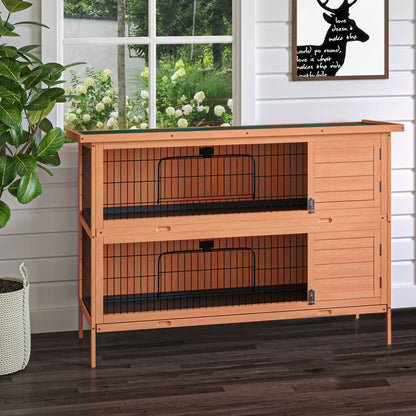 54"L 2-Story Orange Wooden Rabbit Hutch with Lockable Doors