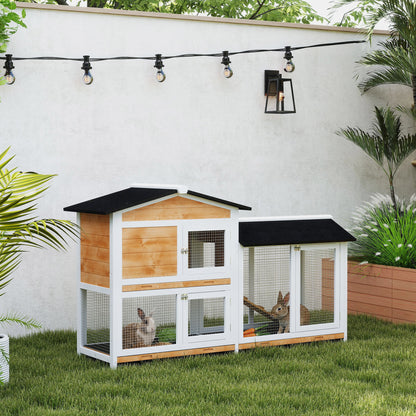 2-Tier Yellow Wood Rabbit Hutch with Ramp & Run
