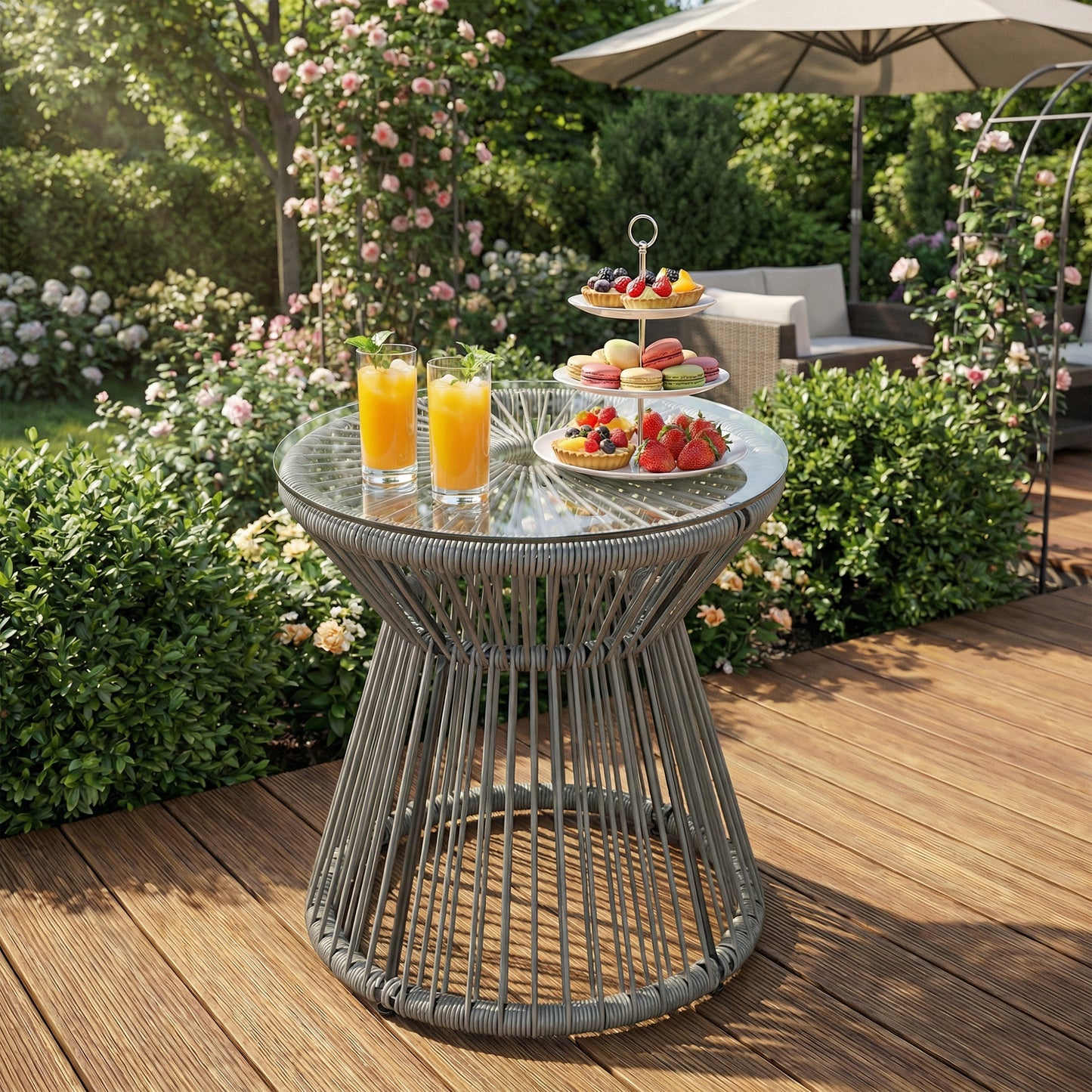 Round End Table, Rattan Side Table, Hollow Drum Design Coffee Table w/ Glass Top for Patio, Garden, Balcony, Dark Grey