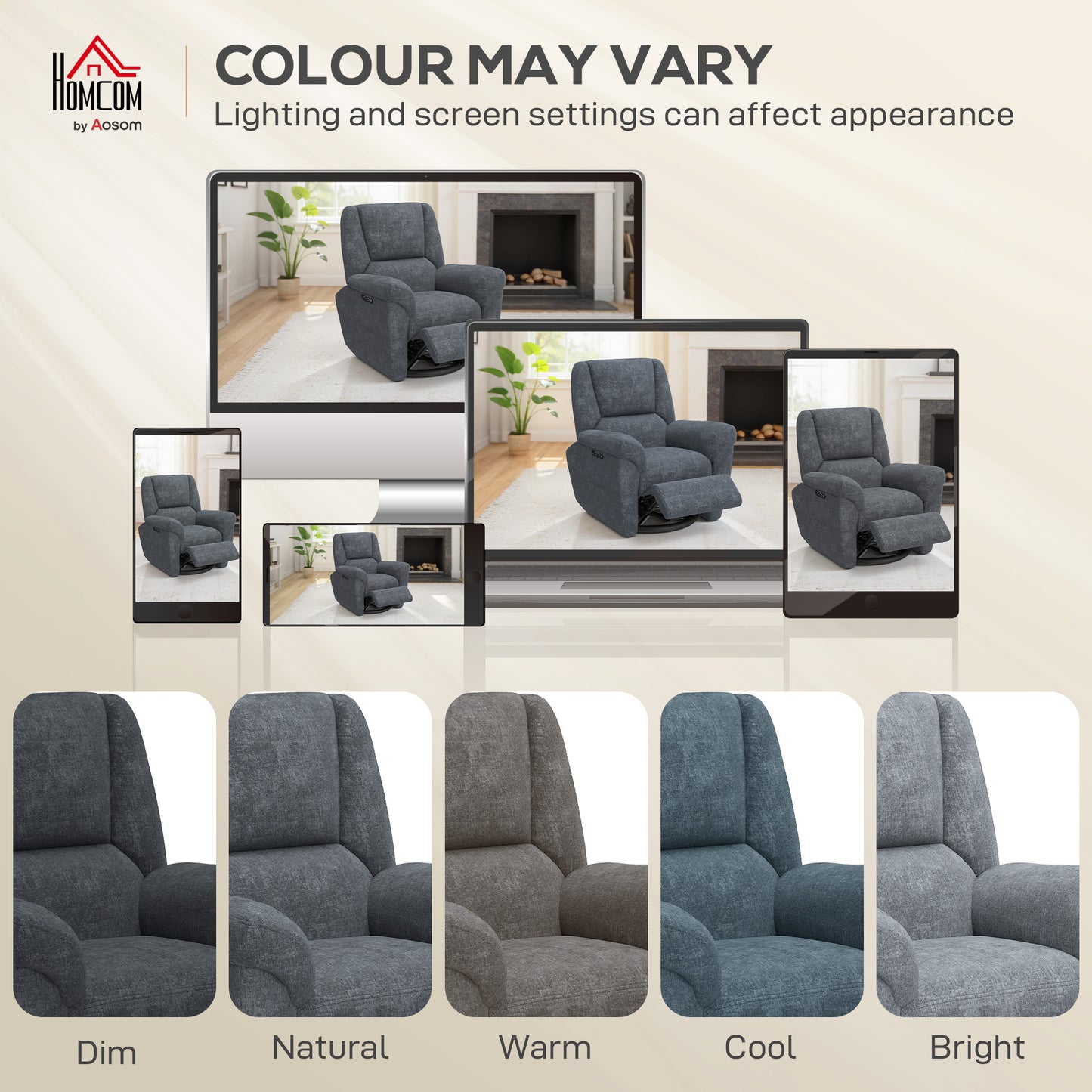 Power Recliner Chair, Fabric Upholstered Recliner Chair with USB Ports, Swivel and Rocking Function, Footrest, Dark Grey