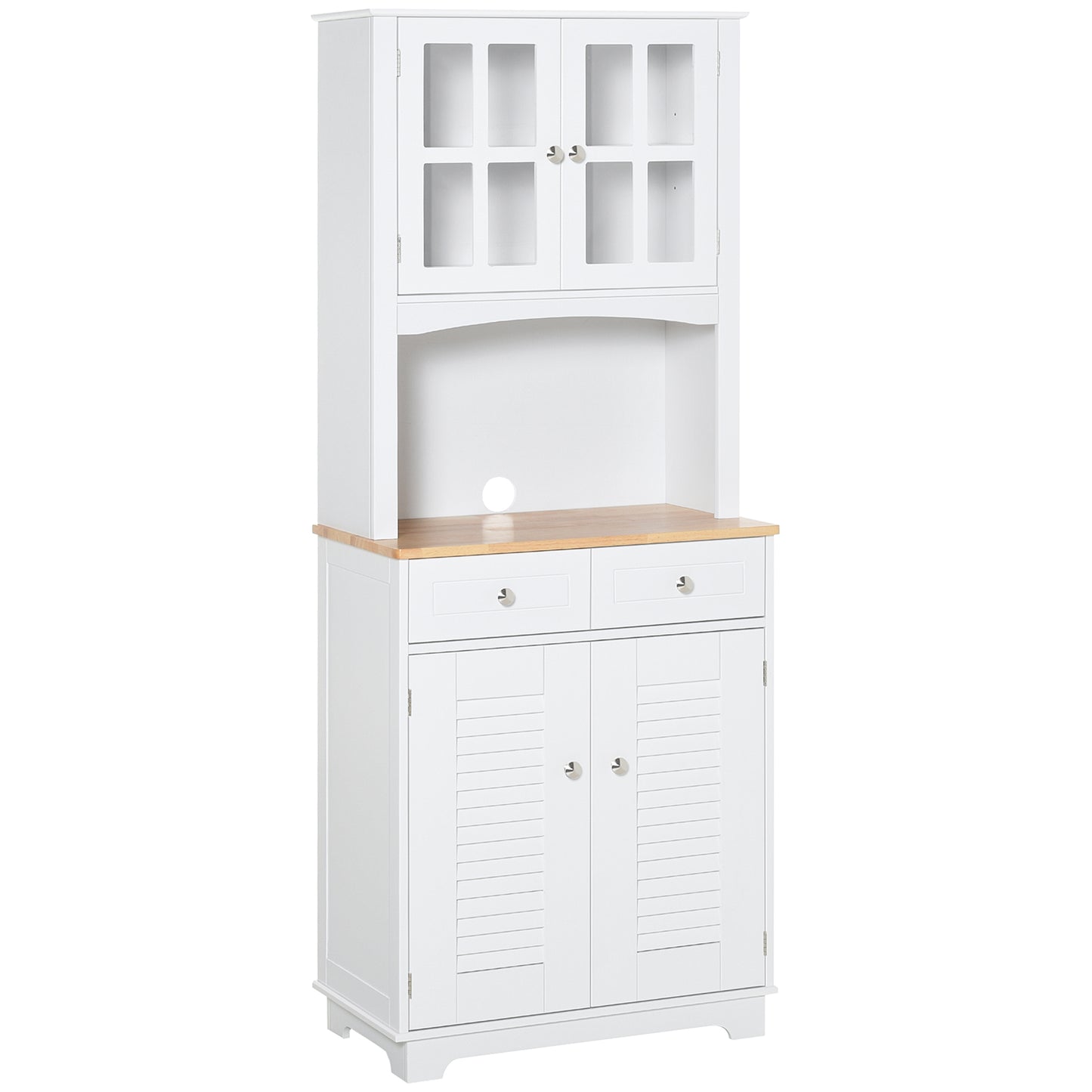 Coastal Style Kitchen Buffet and Hutch Wooden Storage Cupboard with Framed Glass Door LouveredCabinet Drawers Microwave Space for Dining Room Living Room White