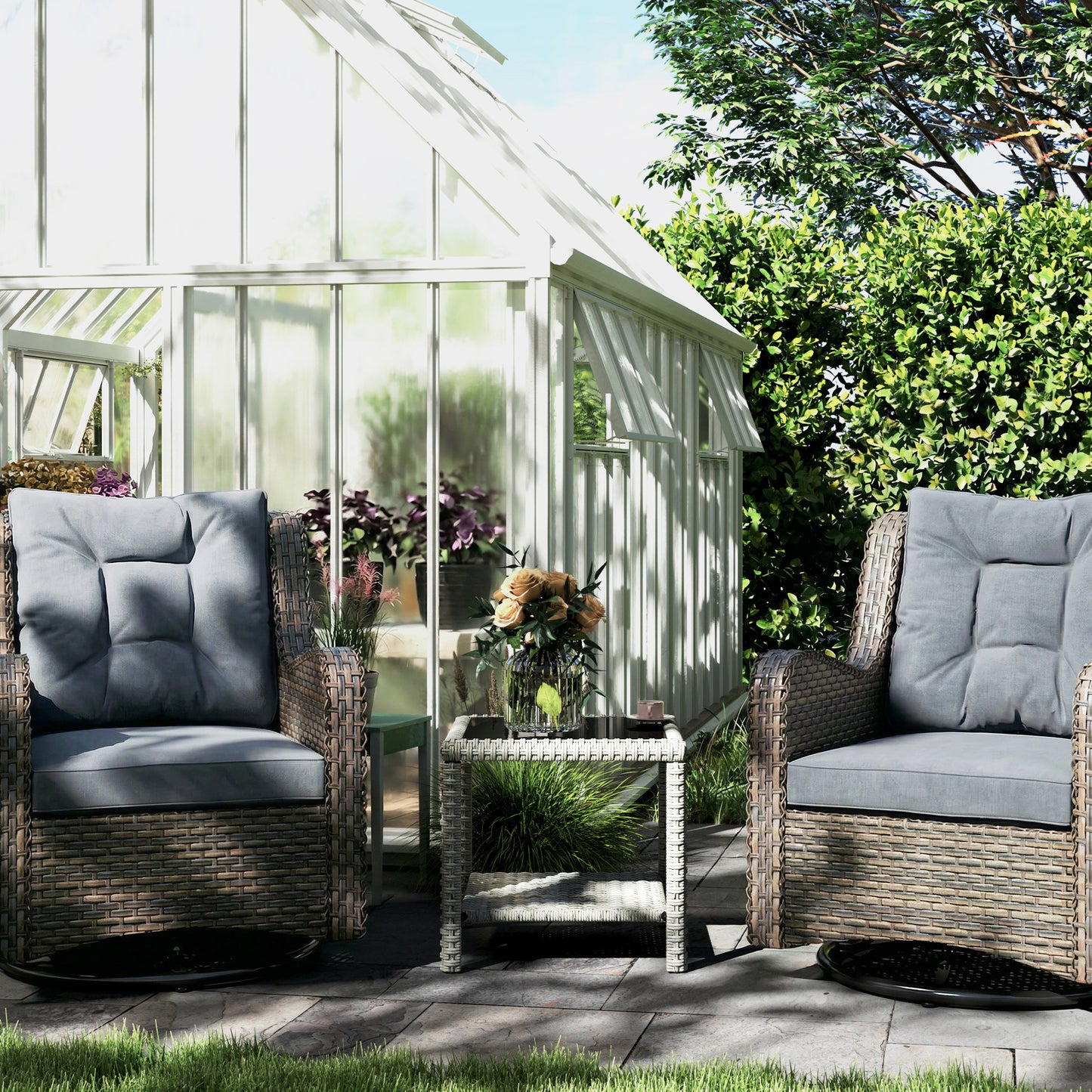 19" Outdoor Wicker Coffee Table with Glass Top, Storage Shelf for Garden Porch Balcony Deck, Dark Grey