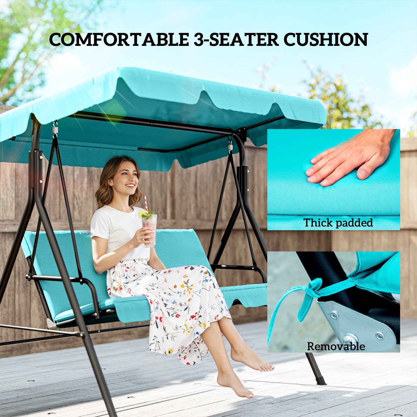 3-Seater Outdoor Porch Swing with Adjustable Canopy, Patio Swing Chair for Garden, Poolside, Backyard, Grey and White