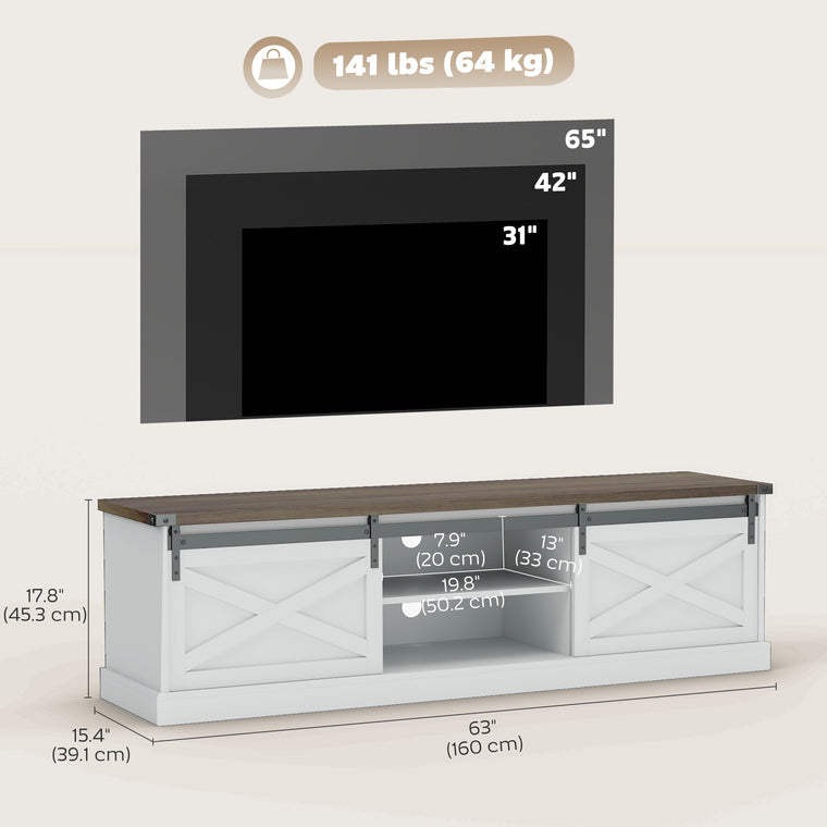 65" TV Stand with Sliding Barn Doors - White