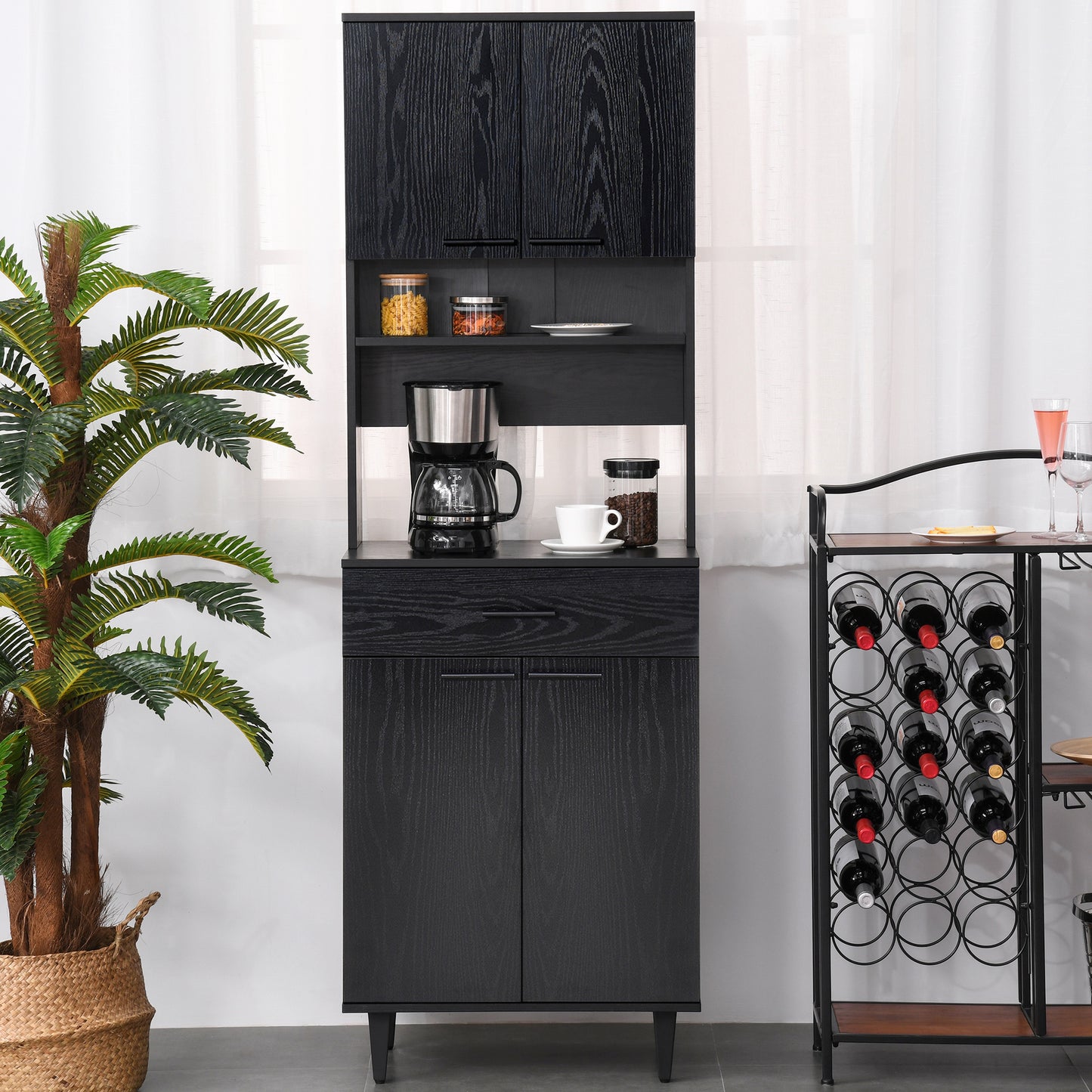 Modern Kitchen Buffet with Hutch Wooden Storage Cupboard with Microwave Counter 2 Cabinet and Drawer for Dining Room Living Room Black