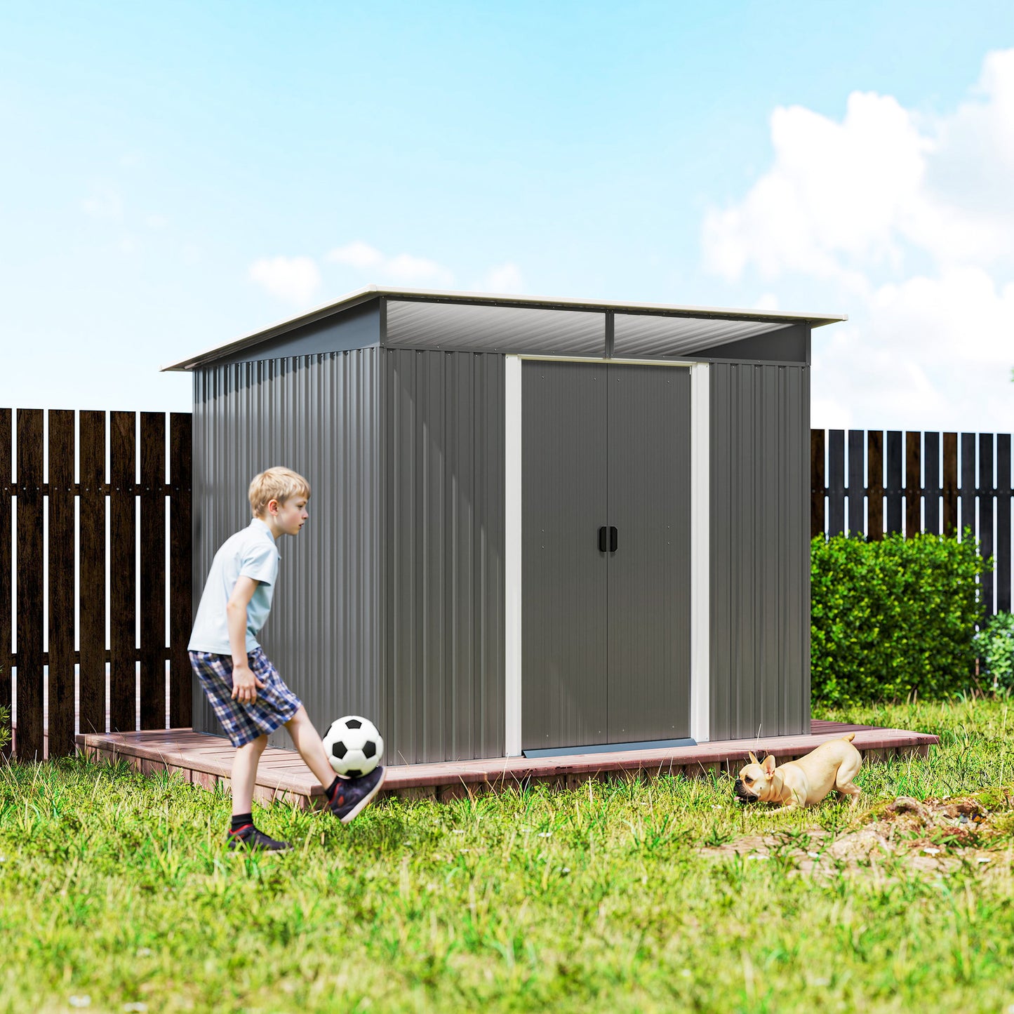 8.5' x 6' Small Gardening Shed Lockable Steel Utility Storage Outdoor Backyard Garden for Gardeners, Grey